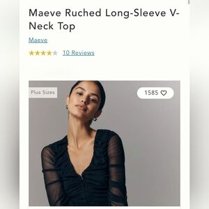 Anthropology Maeve Black Ruched Long-Sleeve V-Neck Top